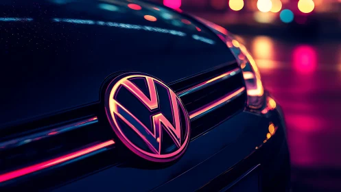 Car grille logo under neon city lights at night.