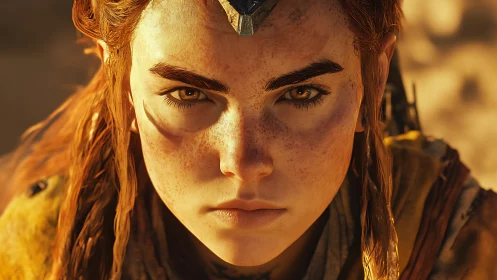 Close frontal render of freckled red-haired character face.