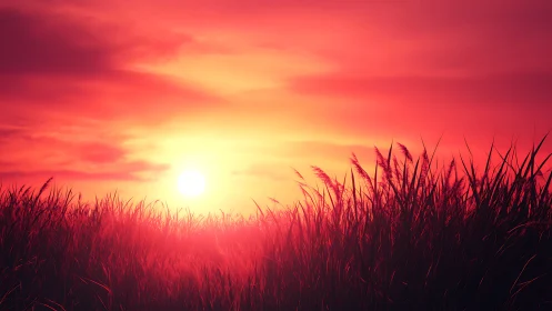 Sunset over dense grassland under vivid red sky.