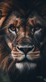 Symmetrical close-range portrait of a lion&rsquo;s facial morphology.