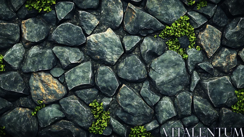 Dark irregular stone wall surface with sparse green plants.