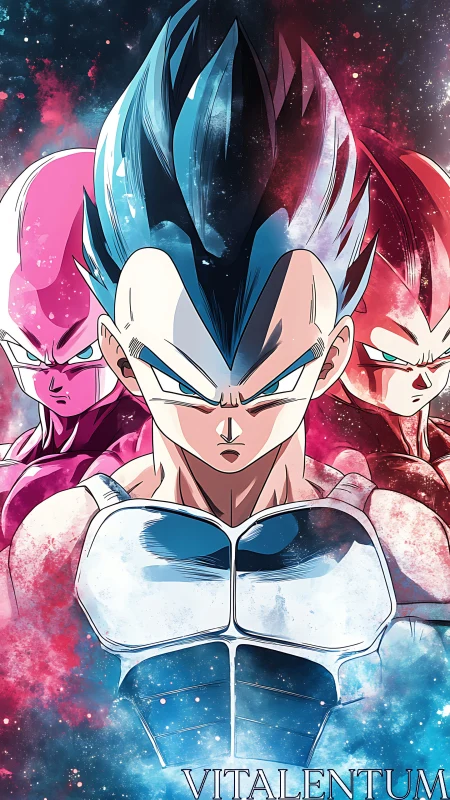 Galactic warrior trio blaze through cosmic neon fury.