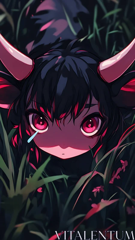 Horned anime child with glowing red eyes hiding in grass.