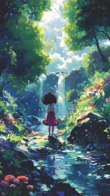 Anime forest waterfall with girl standing in stream.
