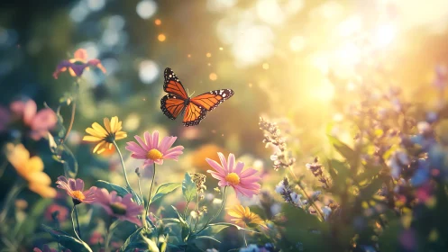 Digital painting of monarch butterfly over sunlit wildflower meadow.