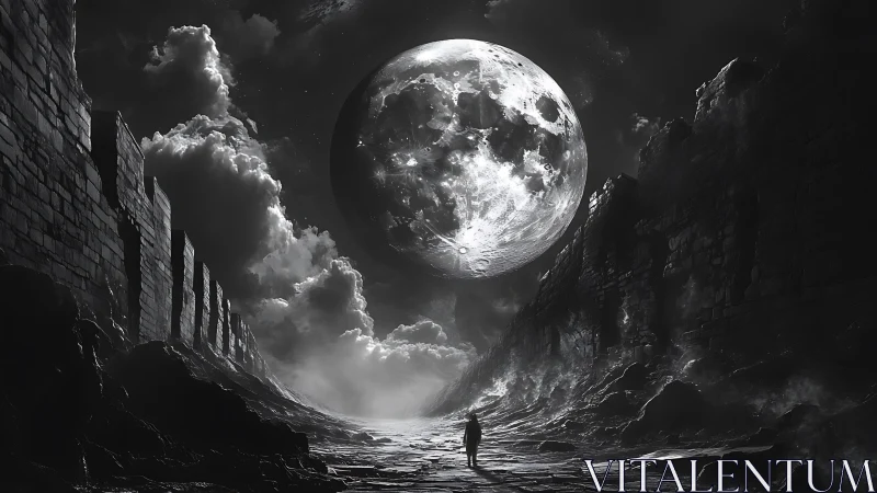 Monochrome lunar corridor with colossal moonlit horizonscape.