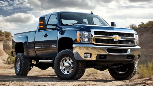 Lifted Chevrolet pickup truck stands in rugged desert landscape