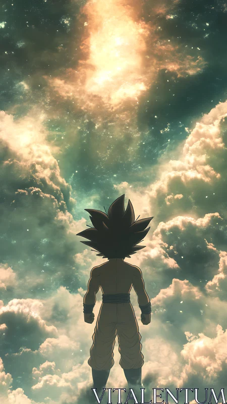 Silhouetted anime figure standing above dense cloud layer.