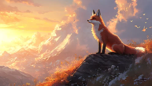 Sunrise sentinel fox gazes across blazing cloud kingdoms.