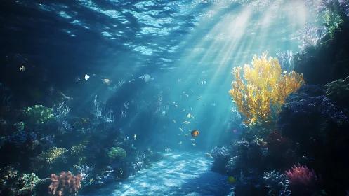 Sunlit coral boulevard where tiny reef wanderers drift.