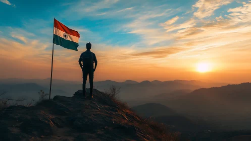 Silhouette on mountain ridge beside Indian flag at sunrise.