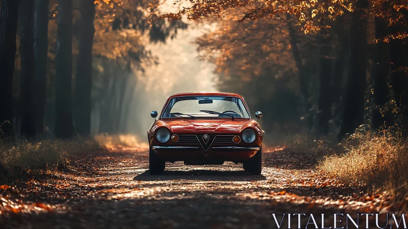 Classic red coupe glows along a quiet autumn forest road.