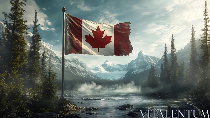 Canadian maple leaf flag waving over misty mountain river.
