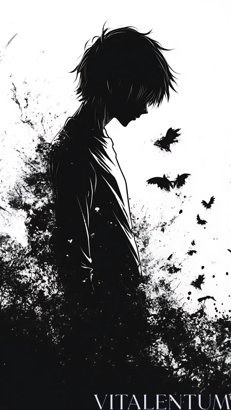 Monochrome anime silhouette dissolving into ink chaos.