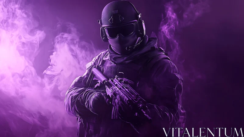 Helmeted tactical figure in purple smoke with firearm.