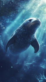 Harbor seal in volumetric blue light under polar sea