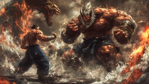 Human warrior confronts enormous demon amid raging flames.