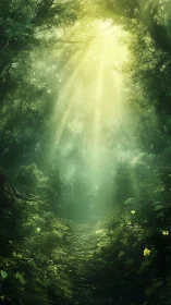 Sunlit forest path under luminous emerald canopy.