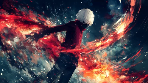 Masked figure with red energy arcs in abstract space.