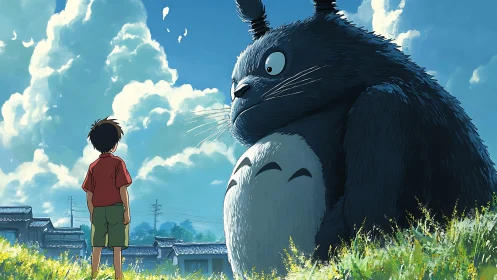 Boy meets giant forest creature under bright summer sky