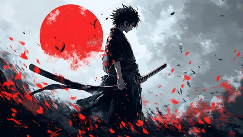 Solitary samurai carves silence beneath a bleeding sun