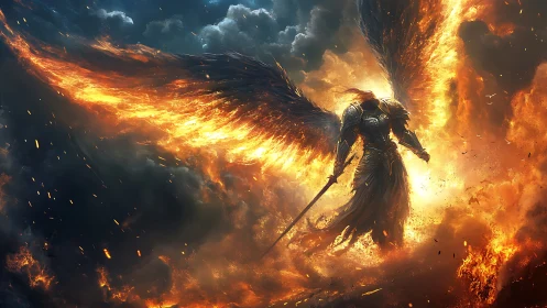 Fiery winged guardian rising from stormlit embers in glory.