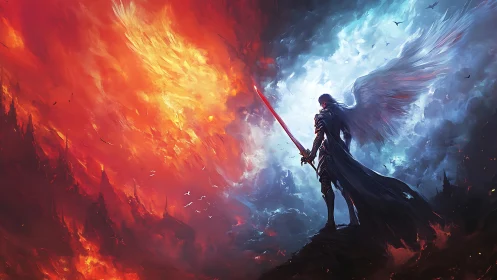 Winged armored figure holds glowing sword between fire and ice