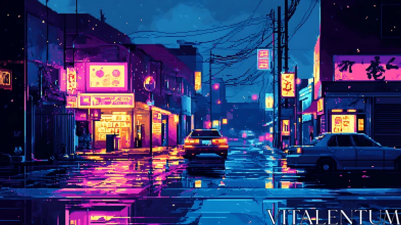 Neon-lit pixel street scene renders nocturnal urban reflections