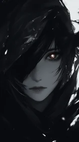 Monochrome occult portrait with high-contrast specular eye rendering.