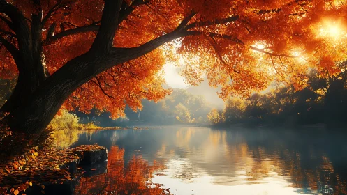 Autumn maple canopy over tranquil sunlit riverbend.