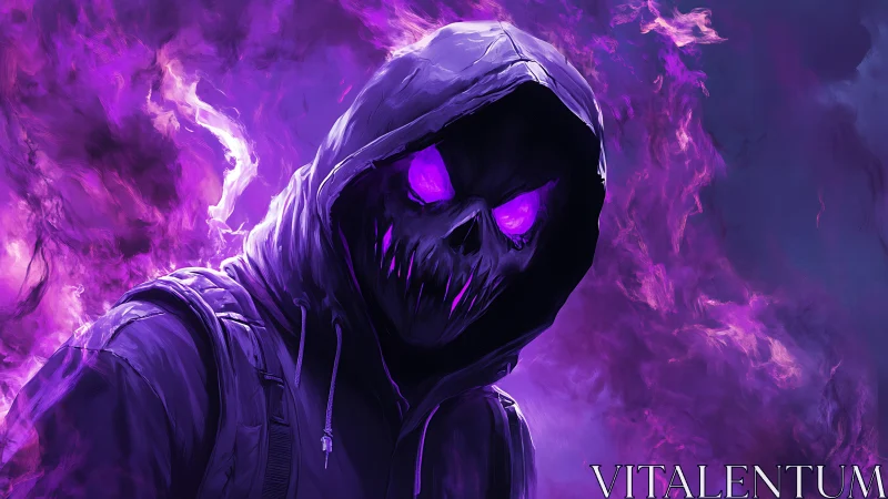 Hooded skeletal figure with glowing eyes in violet smoke.