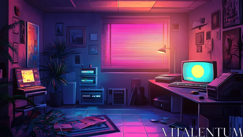 Neon-lit retro computer studio with magenta window glow.