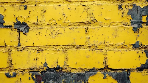 Weathered yellow brick wall with peeling paint in urban grunge style.