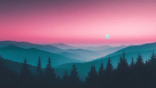 Neon dusk over layered mountain ridges in stylized gradient
