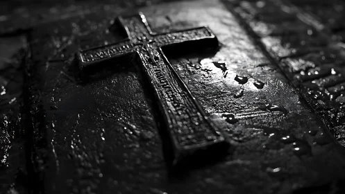 Wet metal cross in oblique low‑key monochrome illumination.