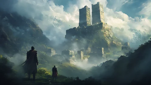 Misty mountain stronghold watched by wandering travelers.