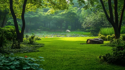 Sunlit lawn gateway to a secret lily-bright forest pond.