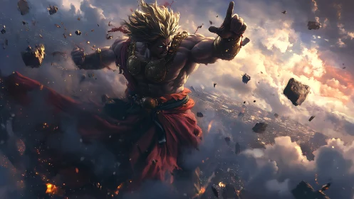 Mythic sky warlord unleashes seismic power above clouds