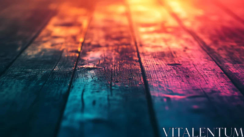 Sunlit color spill across worn midnight wooden boards.