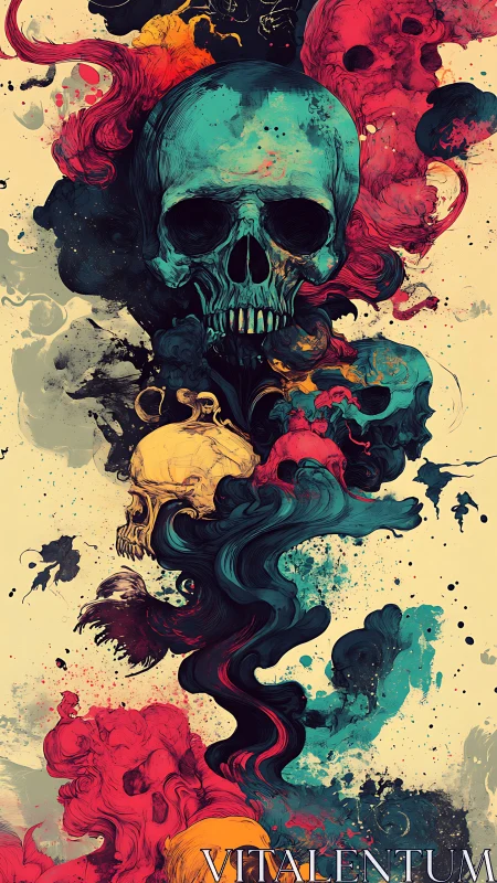 Vibrant skull totems swirl through abstract ink smoke