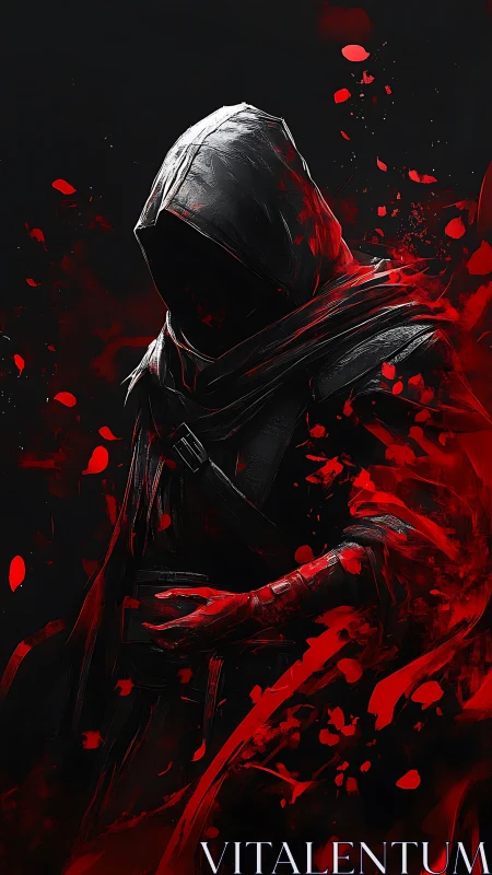 Hooded assassin emerges from crimson shadows and swirling blood
