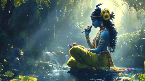 Blue-skinned deity plays flute by luminous forest stream.