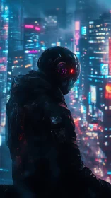 Hooded figure in helmet overlooks neon cyberpunk cityscape