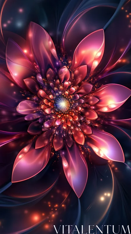 Radial fractal flower with luminous glasslike petals and bokeh glow