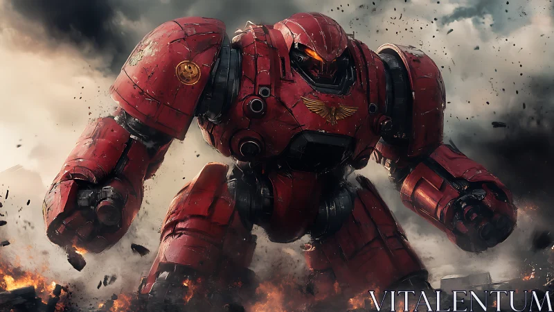 Colossal red battle mech advancing through fiery ruins.