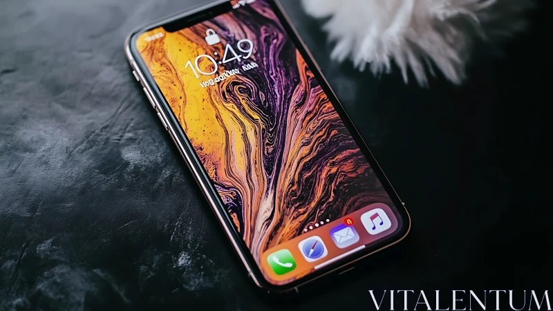 iPhone XS Max displaying liquid gold wallpaper on dark surface