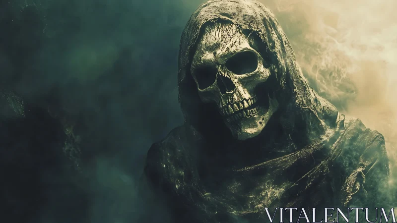 Hooded skeletal figure in dense green and golden fog.