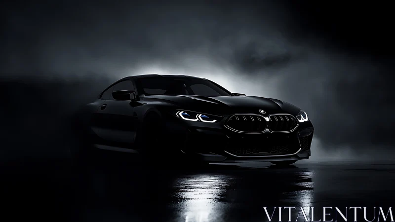 Black performance coupe in dramatic low key studio lighting.