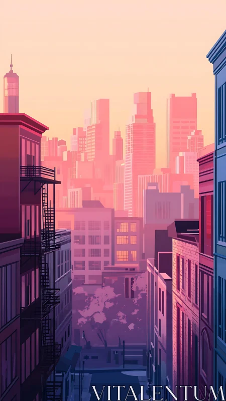 Sunrise light washes over stylized high-rise cityscape.