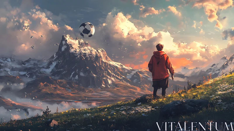 Solitary youth observes levitating soccer ball over alps